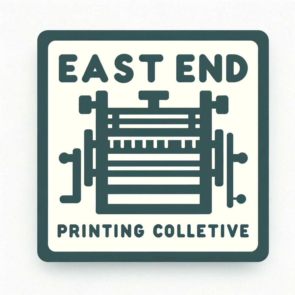 "Logo for East End Printing Collective (EEPC) featuring a stylized printmaking press with a modern, sans-serif font spelling 'EEPC' in shades of green and grey, reflecting a clean and minimalistic design that suggests community and creativity."